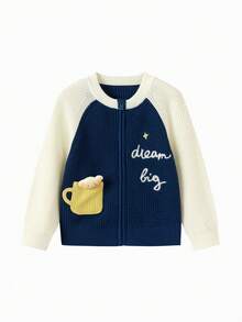 Balabala Color‑Block Raglan Sleeve Knit Cardigan Soft Base Top For Kids Spring Autumn - Blue and White - View 4