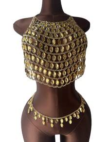 2Pcs Y2K Sparkly Rhinestone Body Chain & Waist Chain Set, Mesh Halter Body Harness For Festival Rave Night Party Beach Outfit - Gold - View 4