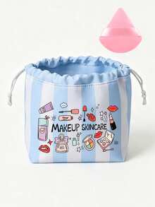 Striped Cosmetic Bag With Cosmetic-Themed Print, Large‑Capacity Portable Travel Toiletry Pouch, Multifunctional Storage Organizer For School Shopping Spring Outing, Back‑To‑School Birthday Wedding Gift - Multicolor - View 10