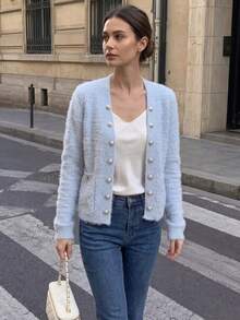 Autumn/Winter Casual Short Sweet Style Cardigan - Blue - View 1
