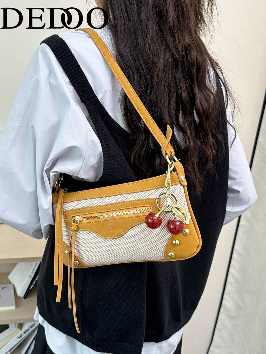 Dedoo 女款法棍肩背包，拼色設計，帆布與麂皮材質，櫻桃吊飾鉚釘拉鍊，斜跨，復古甜酷風，年輕女性春秋日常包