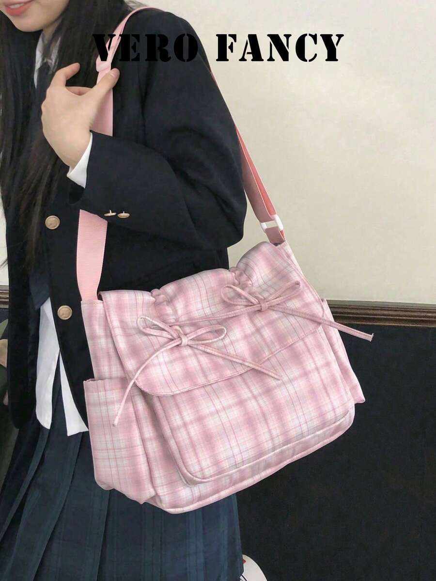 新款經典芭蕾風甜美蝴蝶結斜挎包,極簡時尚優雅格紋大容量可調節肩帶單肩包 - 彩色 - 查看 1