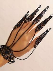 Punk Gothic Exaggerated Fingerless Bracelet With Hollow Cone Tassel Studs And Hand Chain - Black - View 1