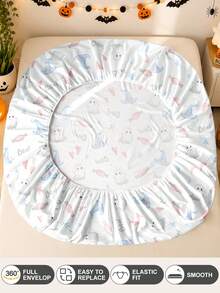 1pc Halloween & Thanksgiving Ghost Pumpkin Print Fitted Sheet, Silent Non-Slip, Machine Washable, Durable & Easy Care, All Season, Suitable For Multiple Bed Sizes, Home, Dorm, Apartment, Guest Room, Rental, Bedroom Decor & Holiday Gift - Multicolor - View 9