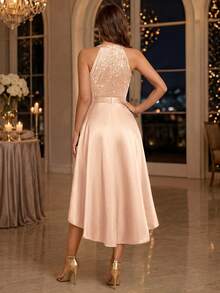 MIUSOL Halter Neck Sequin Floral Lace Patchwork Satin High-Low Hem Evening Gown, Formal Evening Dress, Ball Gown - Champagne - View 2