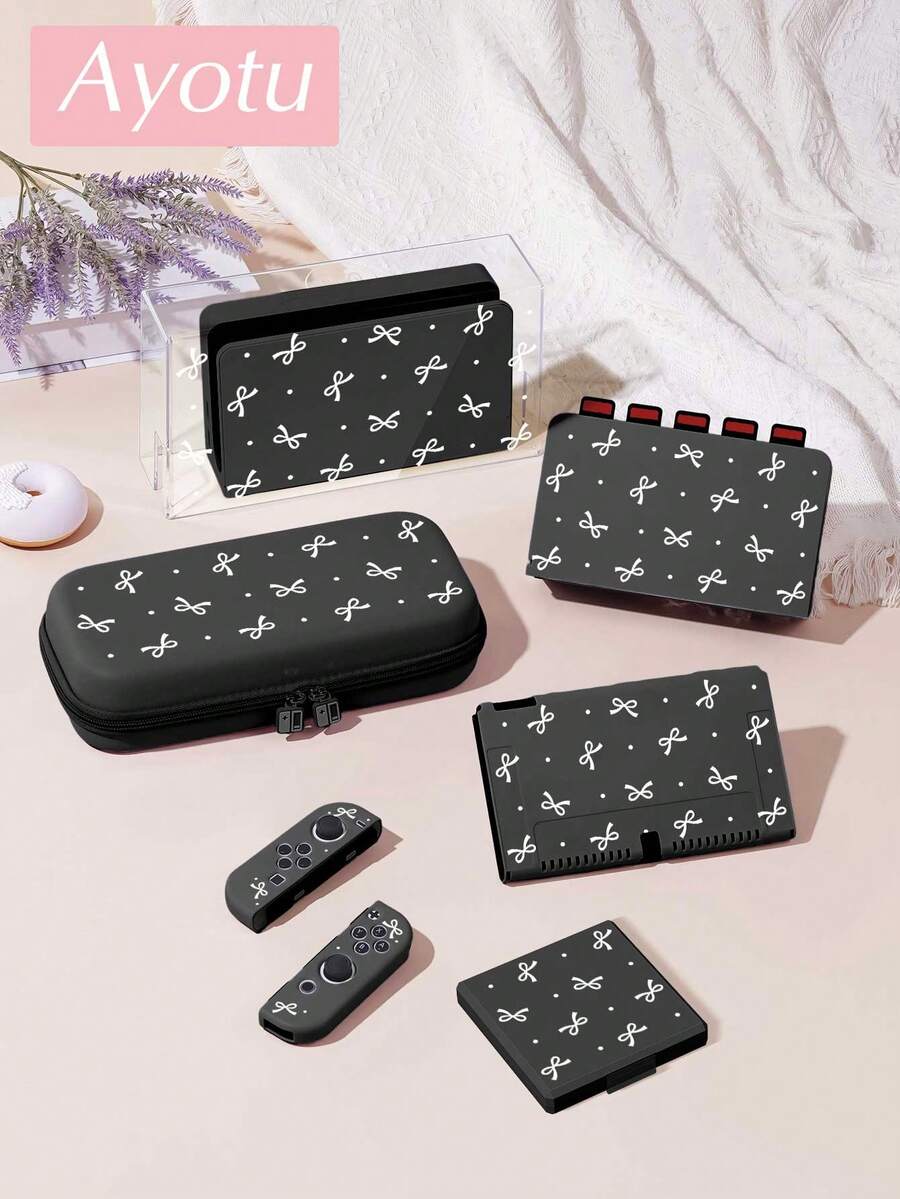 Ayotu 適用於 Switch/Switch OLED/Switch Lite 極簡蝴蝶結與波點圖案遊戲主機外殼及配件，套裝包含保護殼、收納袋、底座外殼、控制器保護套及多款配件可供選擇，返校禮物/生日禮物/週年禮物
