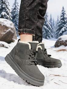 1 Pair Kids Adjustable Button Mid-Top Warm Lining Snow Boots, Suitable For Autumn/Winter Outdoor Wear - Grey - View 4