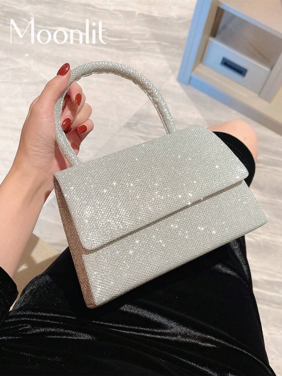 Mondlicht EveBag Glamourös, Elegant, Exquisit, Ruhige Luxus-Pailletten, Luxus, Glänzend, Tragbare Glitzerklappe, Quadratische Tasche Mini Silber für Party, Abschlussball, Abendtasche, Dinner Tasche für Party Girl, Frau, Braut Perfekt für Party, Hochzeit, Abschlussball, Dinner/Bankett - Silber - Übersicht 1