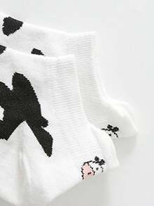 5 Pairs Women's Black & White Embroidered Socks, Ins Style Short Socks, Summer Thin Low-Cut Cute Cartoon Cow Japanese Invisible Socks - Multicolor - View 4