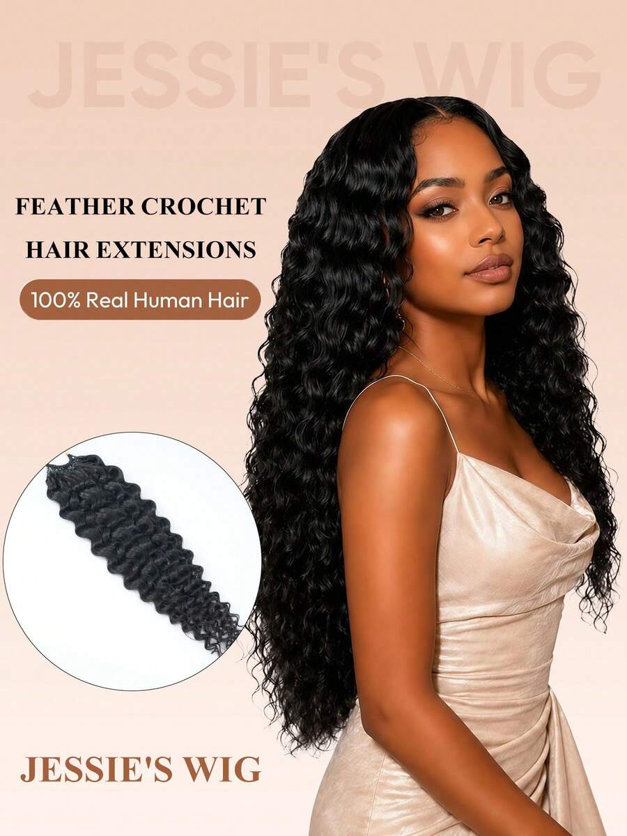 Jessie's Wig Water Wave Curly 60g 50 Strands Human Crochet Hair For Women 14-22 Inch 100% Remy Human Hair Pre-Separated Invisible Miracle Knots Feather Crochet Human Hair Boho Extensions Natural Black 1B#