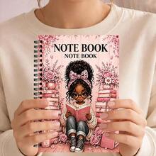 1Pc Cute Afro Girl Book Lover Spiral Notebook, Pink Floral & Stack Of Books Design, A5 21x14.5cm Wirebound Paper Journal For Writing & School Notes, 30 Sheets (60 Pages) Gift For Students & Kids - Rectangle - View 5