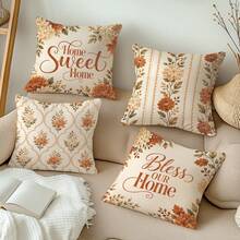 4er Set Herbst Blumen Vintage Chrysanthemen Vertikale Streifen Karomuster Kissenbezüge [Kissenfüllung nicht enthalten], 40*40cm/45*45cm/50*50cm, [Einseitiger Muster] Hergestellt aus Polyestermaterial Home Sweet Home Segne unser Zuhause Blumen Text Kissenbezüge Raumdekoration, Heimdekoration, Schlafzimmerdekoration, Raumdekoration für Sofa, Wohnzimmer, Schlafzimmer, Auto, Büro, Hotel, B&B Dekoration Kissenbezüge Perfektes Geschenk für Familie und Freunde - Verschiedenfarbig - Übersicht 3
