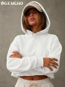 GEMCHO Women's White Short Long Sleeve Sweatshirt, Dropped Shoulder Design, Raw Hem, Suitable For Outdoor Activities, Casual Street Style Sports - White - View 4