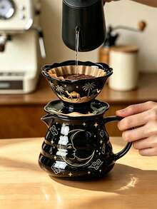 2pcs Drip Coffee Maker Set, Decorated With Sun, Camel, Palm Tree, Moon, Star, Auspicious Cloud Patterns, Ceramic Glass Carafe And Ceramic Coffee Dripper, Suitable For Home, Camping And Outdoor Activities Handheld Coffee Brewer - Multicolor - View 4