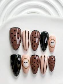 Halloween Theme 10pcs Cute Handmade Press-On Nails Polygel Nail Art Set, Polka Dot Ghost Design, Black White Brown Color Scheme, Unique Style, Includes Nail Tools, 3 Sizes Available: Square/Short Square/Almond Shape, Suitable For Party, Ball And Daily Wear - Multicolor - View 16