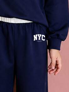 Young Girl Letter Print White Collar Pullover Warm Sweatshirt And Pants Set - Royal Blue - View 4