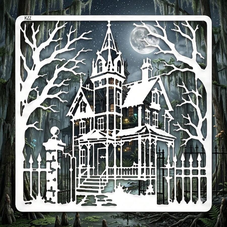 Haunted Mansion Painting Stencil, Reusable Gothic House Template For Wall Art, Canvas, Fabric, Pillow And Halloween DIY Decor Projects - Single Piece - View 1