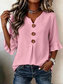 Plus Size Women's Solid Color Button Decor Notch V-Neck Flare Sleeve Blouse - Pink - View 3