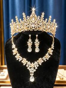 The Bridal Wedding Accessory Set Includes A Golden Crown, Necklace, And Earrings, Also Suitable For Wedding Dress Decoration And Party Occasions. - Multicolor - View 1