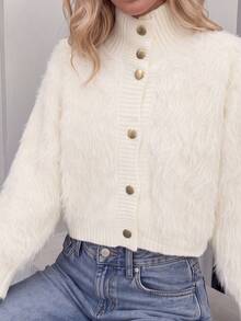 Korean Style Plush Knit Cardigan - Soft Faux Fur Sweater For Autumn/Winter, Decorated With Fan-Shaped Lace And Pearl Buttons, Comfortable High Neck Outerwear, Versatile For Daily Wear - White - View 3