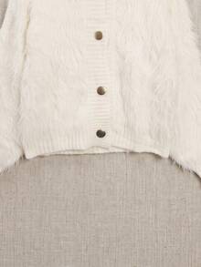 Korean Style Plush Knit Cardigan - Soft Faux Fur Sweater For Autumn/Winter, Decorated With Fan-Shaped Lace And Pearl Buttons, Comfortable High Neck Outerwear, Versatile For Daily Wear - White - View 9