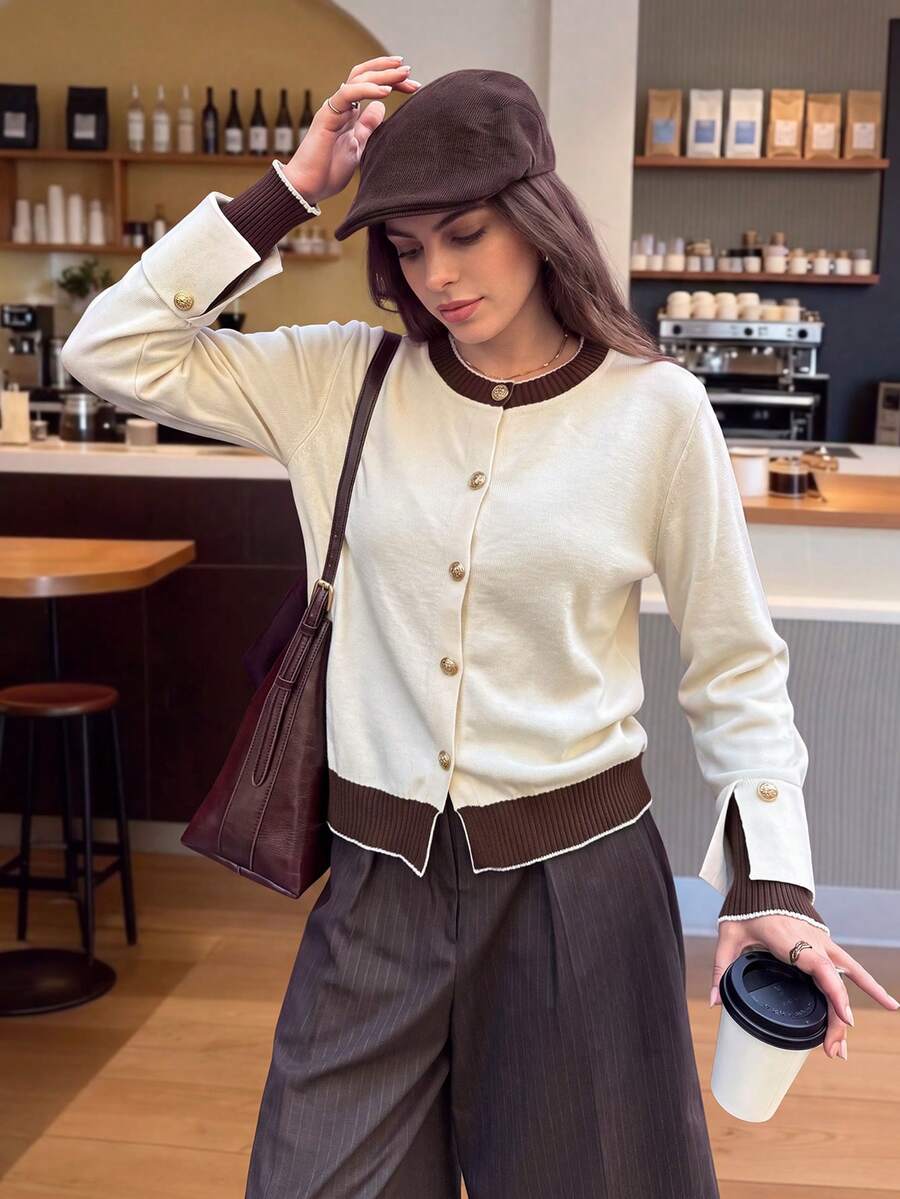 Contrast Color Round Neck Knit Cardigan Women Spring Autumn, Luxury Metal Button Color Block Long Sleeve Commuter Top, Suitable For Daily Wear Or Layering Under Blazer - Apricot - View 1