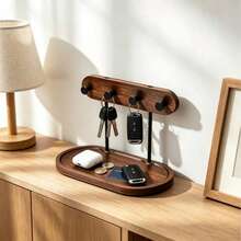 1pc Wooden Key Storage Tray With 4 Hooks, Entryway Desk Key Car Key Coin Card Organizer, Multi-Functional Wooden Storage Tray, Suitable For Hallway Bedroom Bathroom Office Decor Storage Rack - Multicolor - View 5
