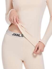 2pcs/Set Women's Thermal Underwear Set, Round Neck Top + Pants, Winter Base Layer Thermal Top And Leggings - Beige - View 7