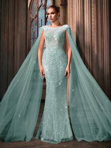 Women' Beaded Rhinestone Mermaid Evening Dress With Cape Sleeves & Mermaid Tail Train - Boat Neck Open Back Maxi Gown Suitable For Wedding, Prom, - Light Blue - View 6