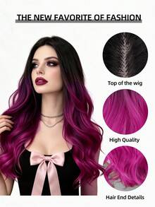 Ombre Black To Magenta Long Wavy Synthetic Wig For Women,28 Inch Middle Part Fluffy Curly Heat Resistant Wig For Daily Party Cosplay - Multicolor - View 6