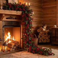 2pcs Artificial Winterberry Garland With Red Berries And Greenery - Realistic Plastic Christmas Wreath For Indoor/Outdoor Holiday Decor, Wedding, New Year - Red Fruit Rattan - View 4