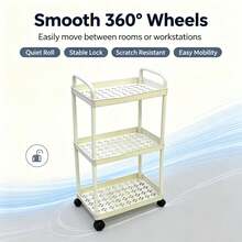 3-Tier Rolling Storage Cart With Wheels, Multi-Functional Storage Rack With Handle, Space-Saving Storage Rack With Silent Wheels + Top Handle, Plastic Mobile Storage Rack Suitable For Kitchen, Bathroom, Office, Bedroom, Lightweight Multi-Functional Cart, Home, Office, Bathroom Universal - Cream White 3-tier Hollow Mobile Storage Trolley - View 7