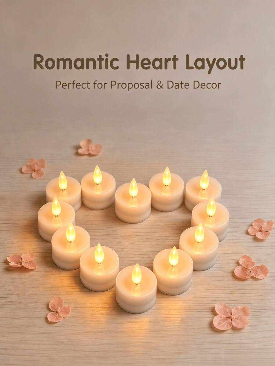 12pcs White LED Electronic Tea Lights, Realistic Flickering & Dancing Flame Effect, Battery Operated, No Open Flame, Romantic Candlelight Lighting, Suitable For Home, Romantic Dinner Decoration, Tea Lights, Birthday Party, Wedding Decoration, Valentine's Day Decoration