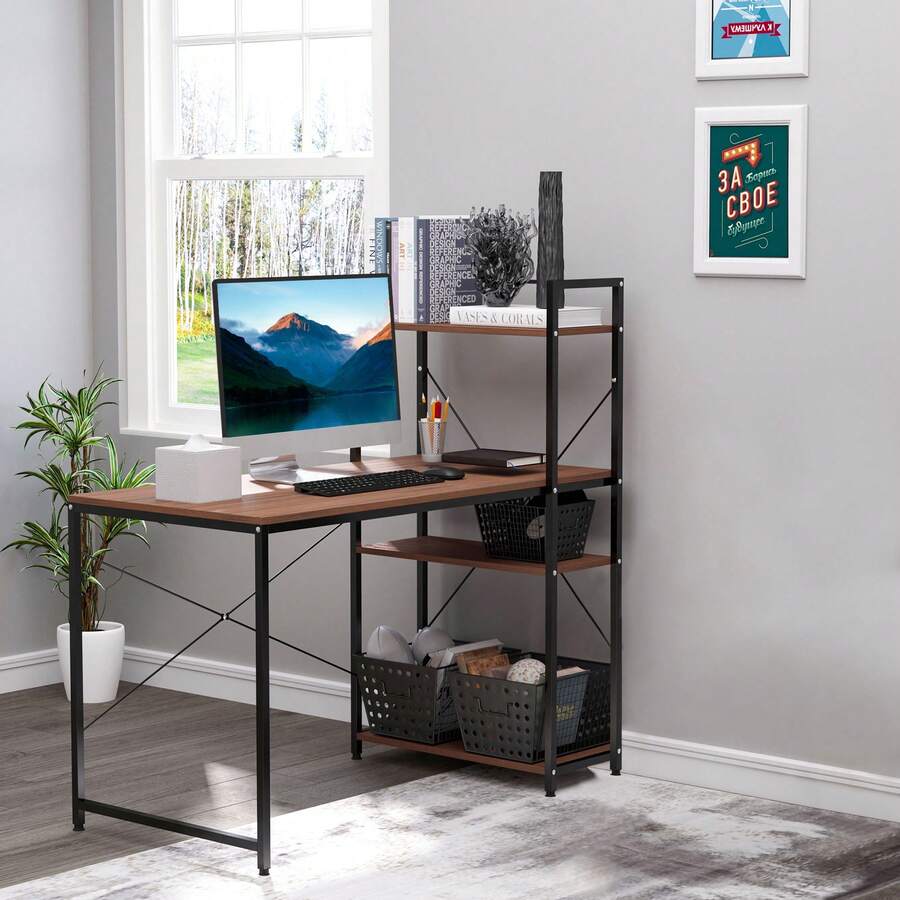 Escrivaninha de canto com espaço de armazenamento de design industrial e uma estante de 3 prateleiras em aglomerado com efeito de nogueira. - A - Ver 1