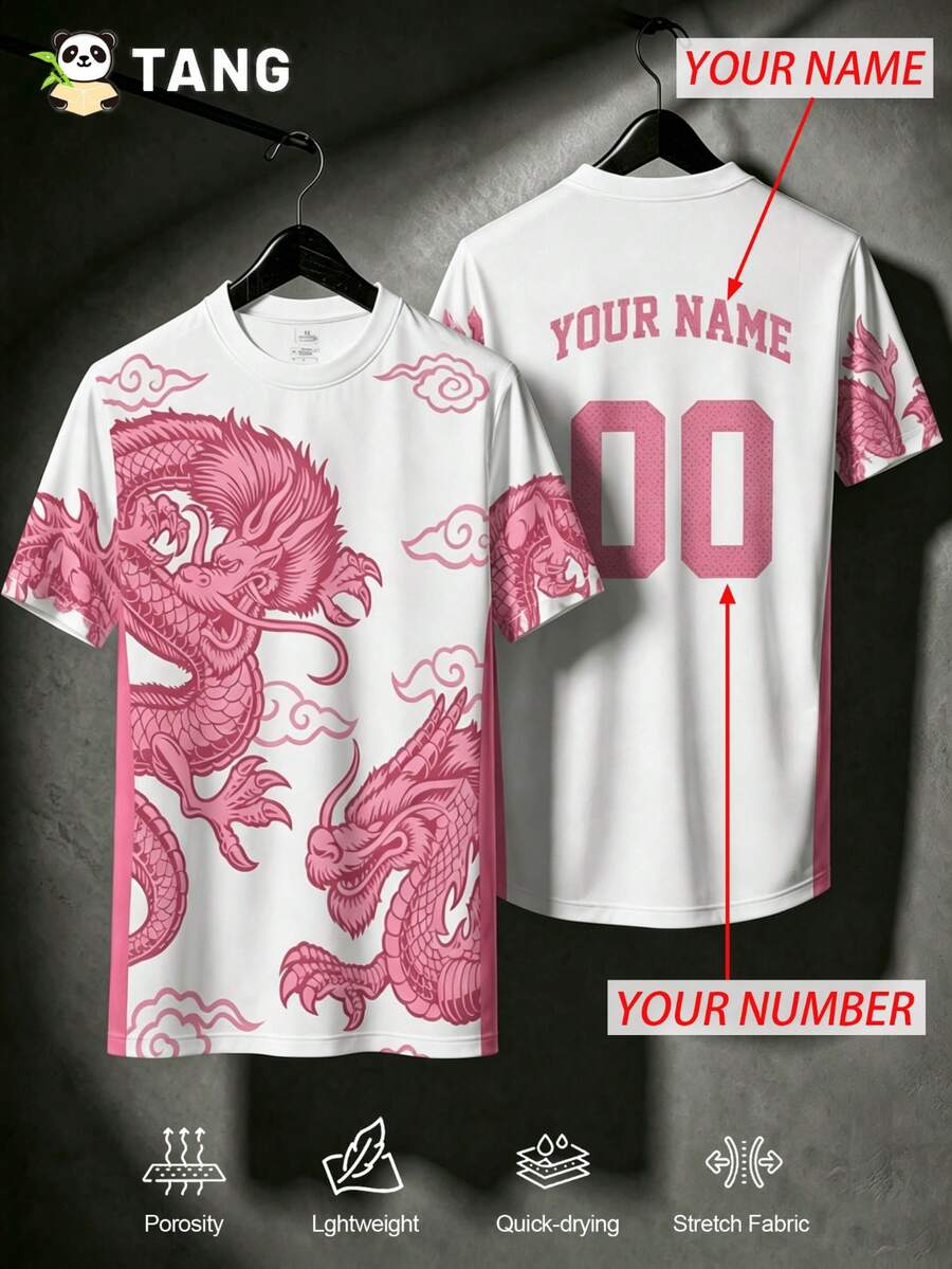 Dragon Pattern Customized Men's Soccer Jersey With Customizable Name And Number, Round Neck Soft Lightweight Sports Top For Training And Casual Wear, Custom Football Shirt, Blokecore