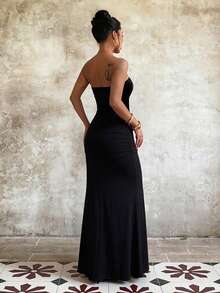 Autumn Solid Color Velvet Bandeau Dress With Ribbon Tie, Elegant Dress For Party And Date - Black - View 5