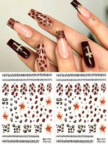 2 Peças Adesivos de Unhas com Estampa de Leopardo e Floral, Decalques de Unhas com Glitter de Lírio Vintage em Relevo 5D Marrom Leopardo, Suprimentos de Arte de Unhas DIY Estilo Feminino Selvagem, Decoração de Unhas para Casamento, Feriado, Encontro, Outono e Inverno - Multicolorido - Visão 3