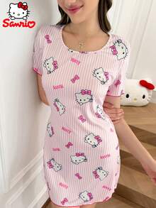 SANRIO 女款 Hello Kitty 睡裙，圓領可愛舒適度假睡衣居家服，卡通印花粉色與白色條紋睡裙家居服 - 粉色 - 查看 4