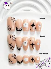 10pcs Halloween Theme Minimalist Handmade Press-On Nails Poly Gel Manicure Set, Spider Web, Ghost, Starburst Patterns, Black & White Nails, Unique Style, Includes Manicure Tools, 3 Sizes Available, Square, Short Square, Almond Shape, Suitable For Party, Dance, Daily Wear - Multicolor - View 1