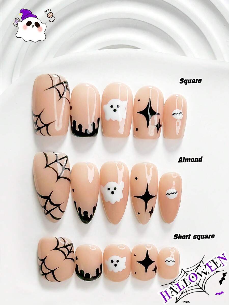 10pcs Halloween Theme Minimalist Handmade Press-On Nails Poly Gel Manicure Set, Spider Web, Ghost, Starburst Patterns, Black & White Nails, Unique Style, Includes Manicure Tools, 3 Sizes Available, Square, Short Square, Almond Shape, Suitable For Party, Dance, Daily Wear - Multicolor - View 1