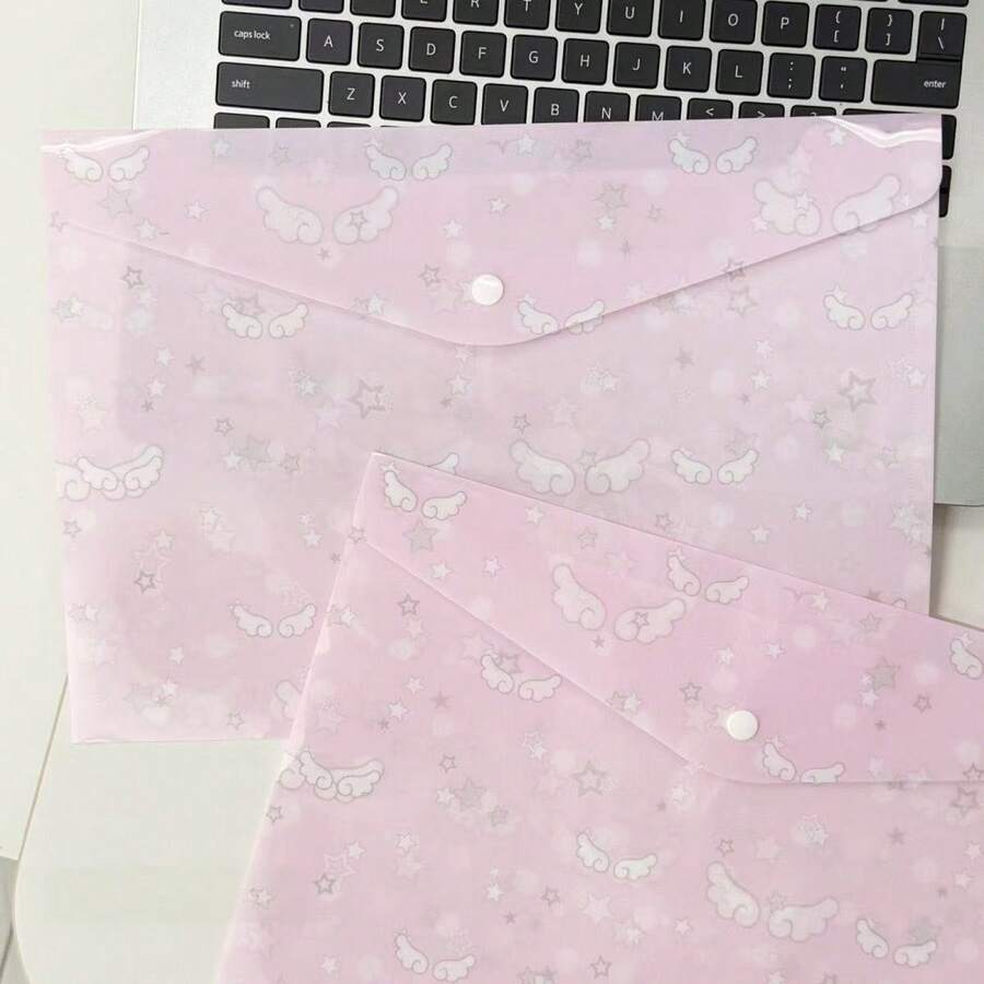 可愛天使翅膀與星星印花 A4 塑膠文件夾,韓系 Ins 風格按扣文件袋,防水紙張收納袋,適用於學校辦公文具用品 - A - 查看 1