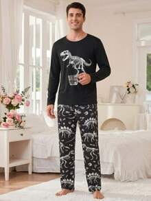 Men's Fun Home Set - Dinosaur Skeleton Print Long Sleeve T-Shirt + Black Dinosaur Fossil Pattern Pants, Casual 2-Piece Pajama Set, Perfect For Relaxing - Black - View 4