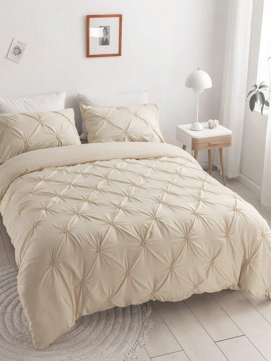 2/3pcs Khaki Pleated Polyester Duvet Cover Set, Luxury Modern Bedding Set, King Size, Suitable For All Seasons, Soft & Breathable, Machine Washable (1 Duvet Cover + 1/2 Pillowcase, Excluding Filler) - Khaki - View 1