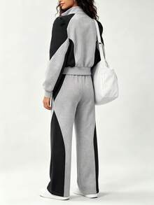 Women's 2 Pieces Sports Set, Includes Full Zip Jacket And Elastic Waist Pants, Perfect For Fitness And Casual Wear - Gray+Black - View 4