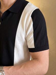 ALTZTAR Men's Short Sleeve Colorblock Patchwork Minimalist Casual Seagull Collar Knit Top - Black - View 3