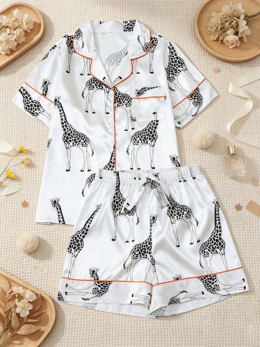 Women's 2pcs Pajama Set, Stylish Giraffe Animal Print, Silky Homewear & Outerwear, Short Sleeve Button Lapel Top & Shorts For Spring Summer - White - View 1