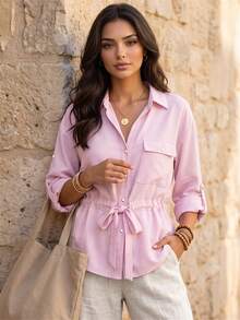 Women's Solid Color Spring/Autumn Casual Versatile Commute Drawstring Rolled Sleeve Blouse,Autumn/Fall,Work Outfits,Office Wear,Basic Blouses,Basic Tops,Modern,Pink Top - Pink - View 1