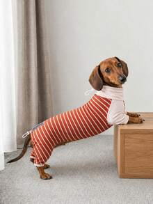 1PC Classic Striped Dachshund Dog Pajamas With Adjustable Neck And Back Drawstring, Soft High Stretch Warm Pet Jumpsuit - Red - View 3