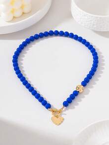 Royal Blue Acrylic Beaded Necklace With Delicate Heart Pendant And OT Clasp - Royal Blue - View 10