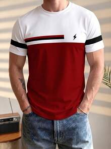 Men's Contrasting Color Short Sleeve T-Shirt, Comfortable & Breathable, Suitable For Summer, Fashionable - Red - View 3
